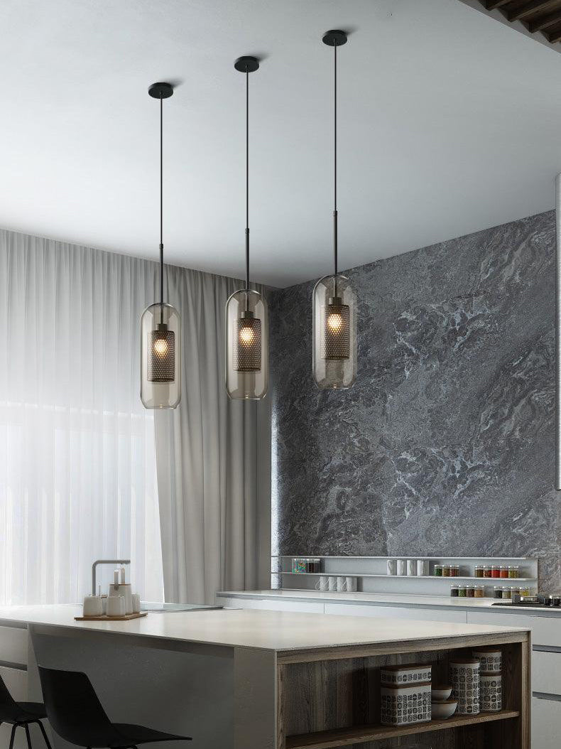 Glazen Hanglamp met Metalen Gaaskap Transparant Amber Zwart Goud 20-30cm Scandinavisch Design Eetkamer Keuken | Sansoti