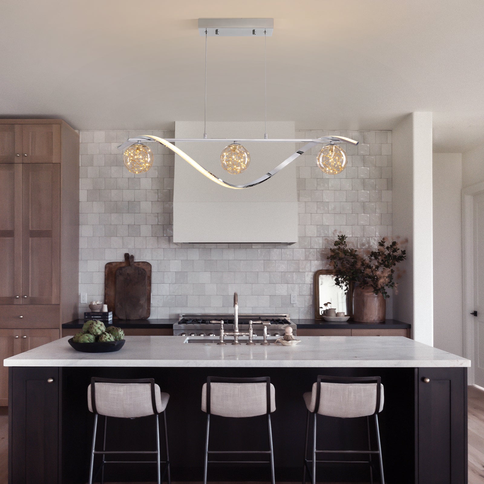 Hanglamp Lineair Glazen Bollen LED Strip Goud Chroom 100cm Eetkamer Keukeneiland Modern | Sansoti