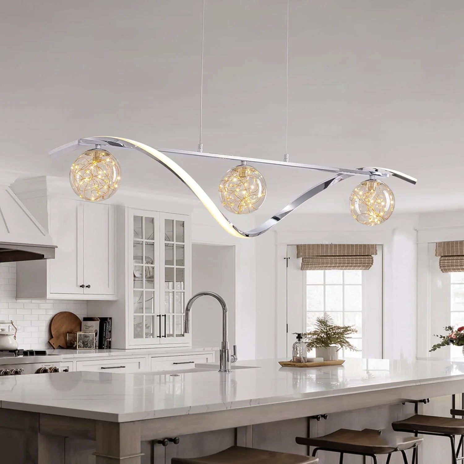 Hanglamp Lineair Glazen Bollen LED Strip Goud Chroom 100cm Eetkamer Keukeneiland Modern | Sansoti