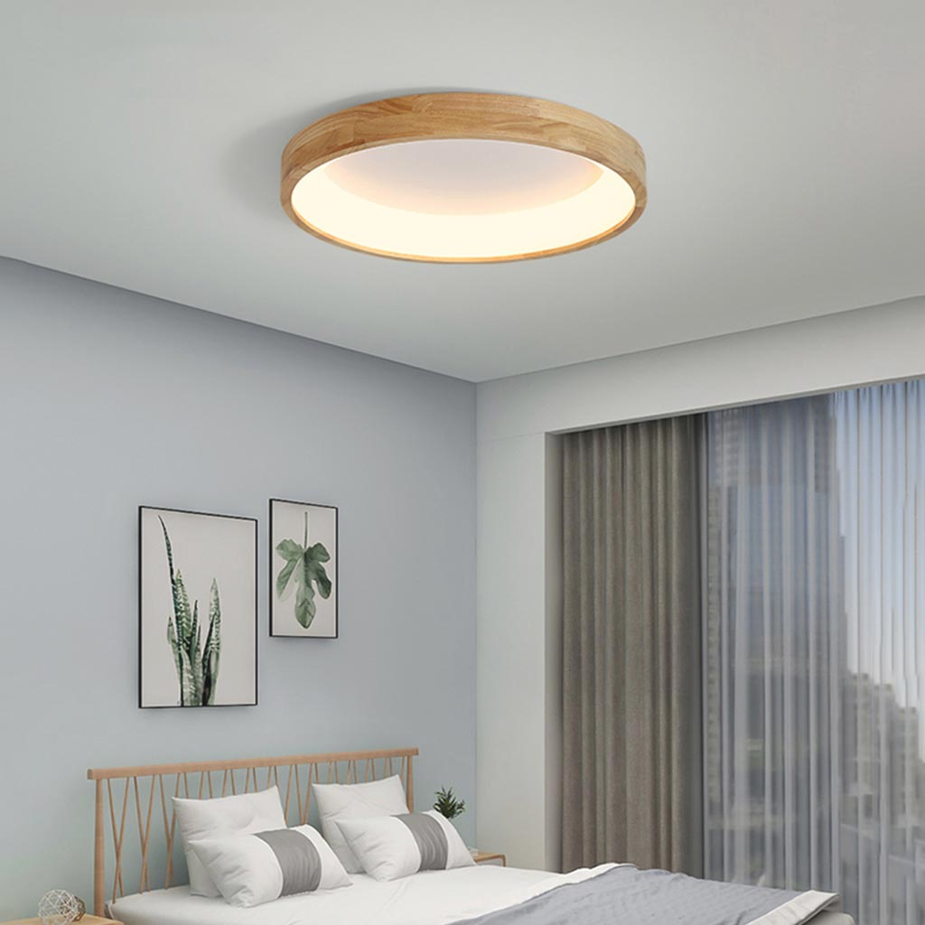 Runde Holz-Deckenleuchte in Naturton, dimmbare LED mit Fernbedienung, skandinavisches Design für das Wohnzimmer | Sansoti