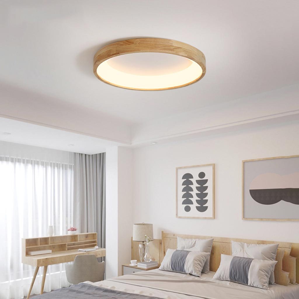 Runde Holz-Deckenleuchte in Naturton, dimmbare LED mit Fernbedienung, skandinavisches Design für das Wohnzimmer | Sansoti
