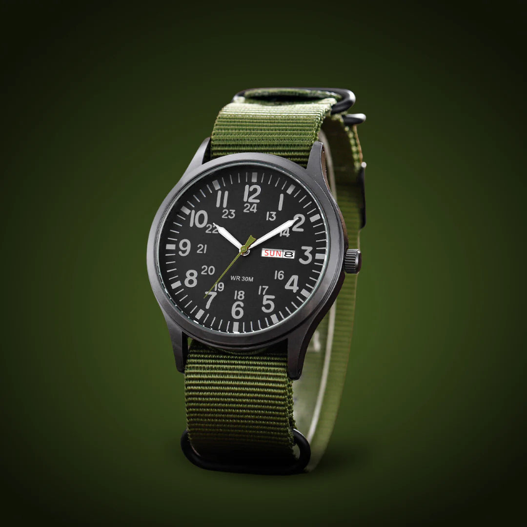 Herenhorloge met Canvasstofband Dag- en Datumaanduiding 24-Uurs Schaalverdeling Outdoor Sportief Design | Sansoti