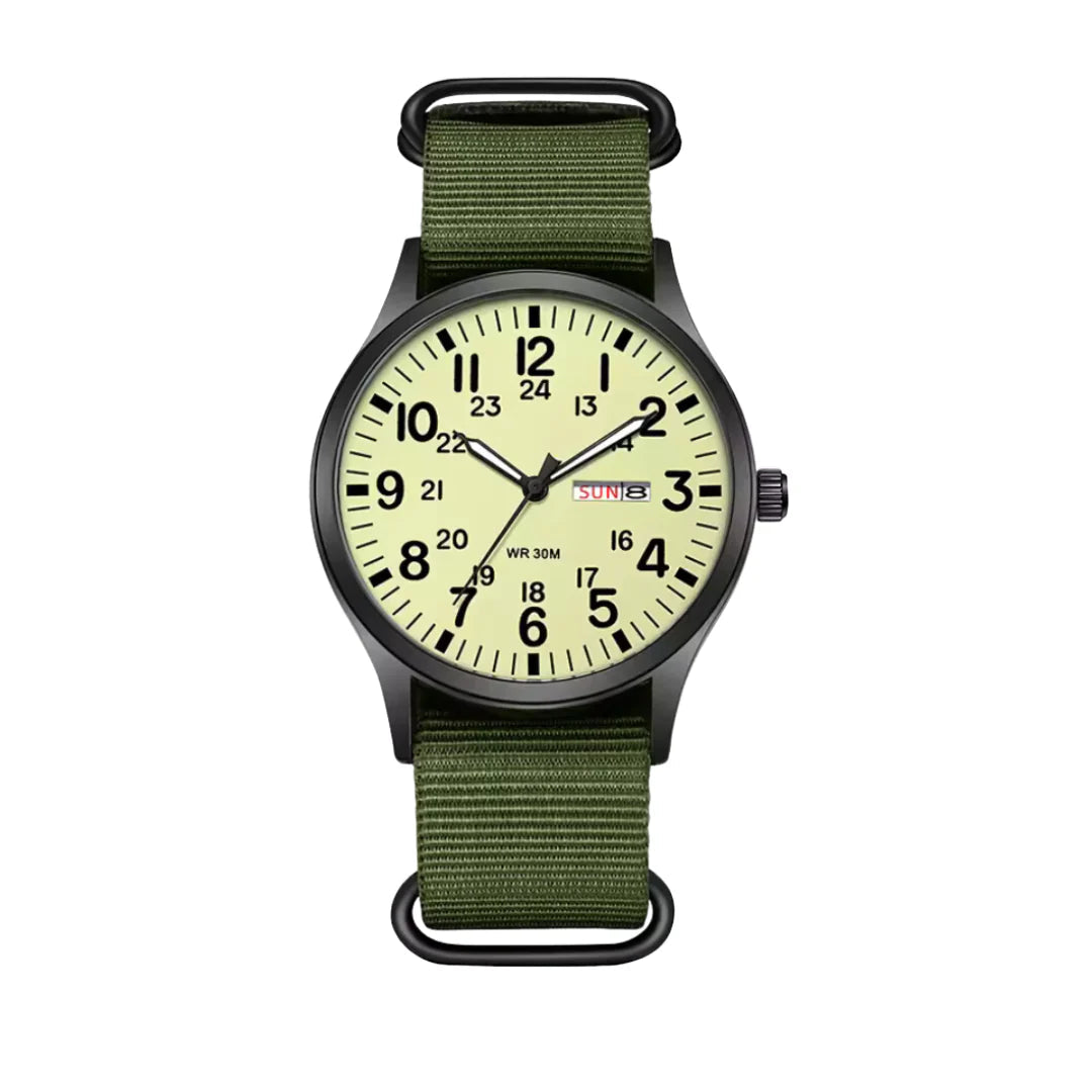 Herenhorloge met Canvasstofband Dag- en Datumaanduiding 24-Uurs Schaalverdeling Outdoor Sportief Design | Sansoti