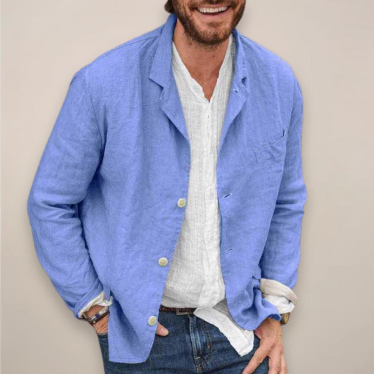Herren-Leinenblazer mit fallendem Revers Beige Blau Schwarz Gelb Lila Grau Leichter Sommerblazer S-5XL | Sansoti