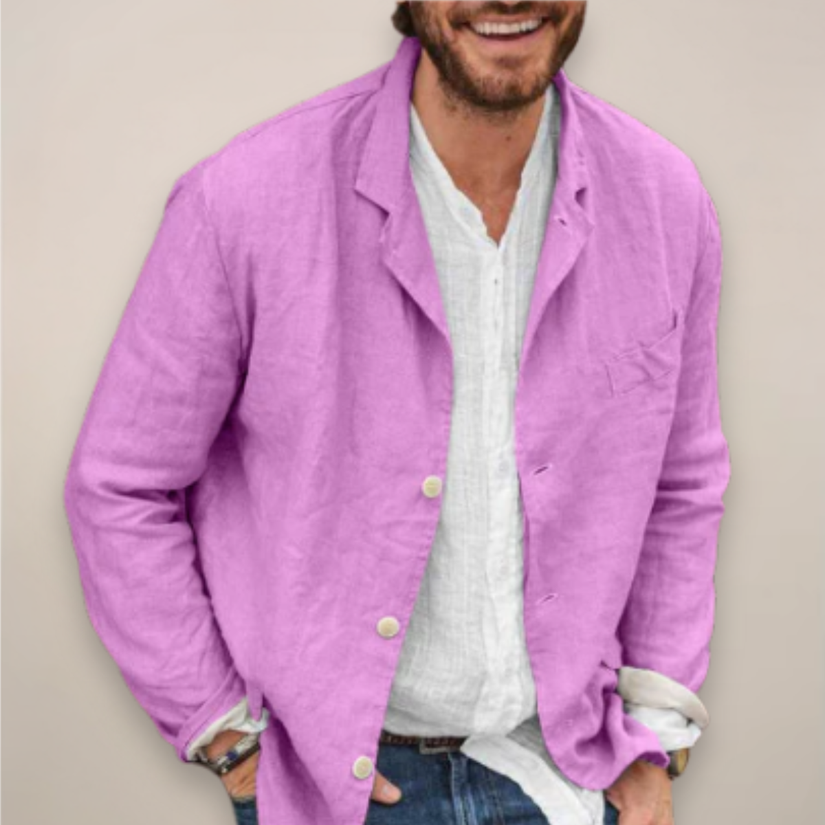 Herren-Leinenblazer mit fallendem Revers Beige Blau Schwarz Gelb Lila Grau Leichter Sommerblazer S-5XL | Sansoti