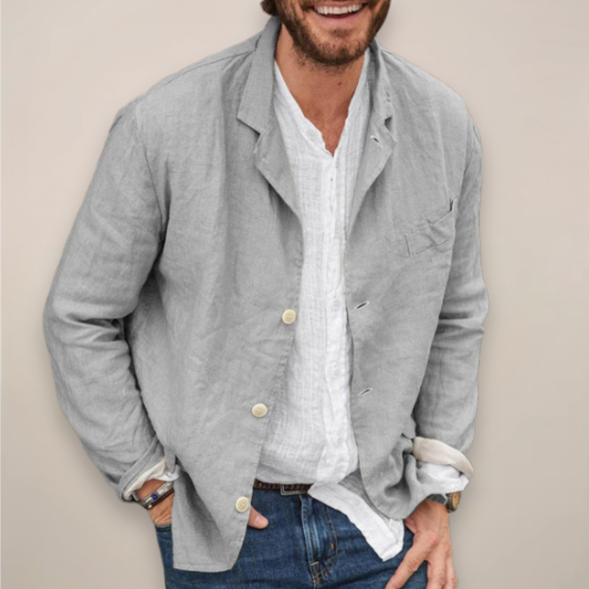 Herren-Leinenblazer mit fallendem Revers Beige Blau Schwarz Gelb Lila Grau Leichter Sommerblazer S-5XL | Sansoti