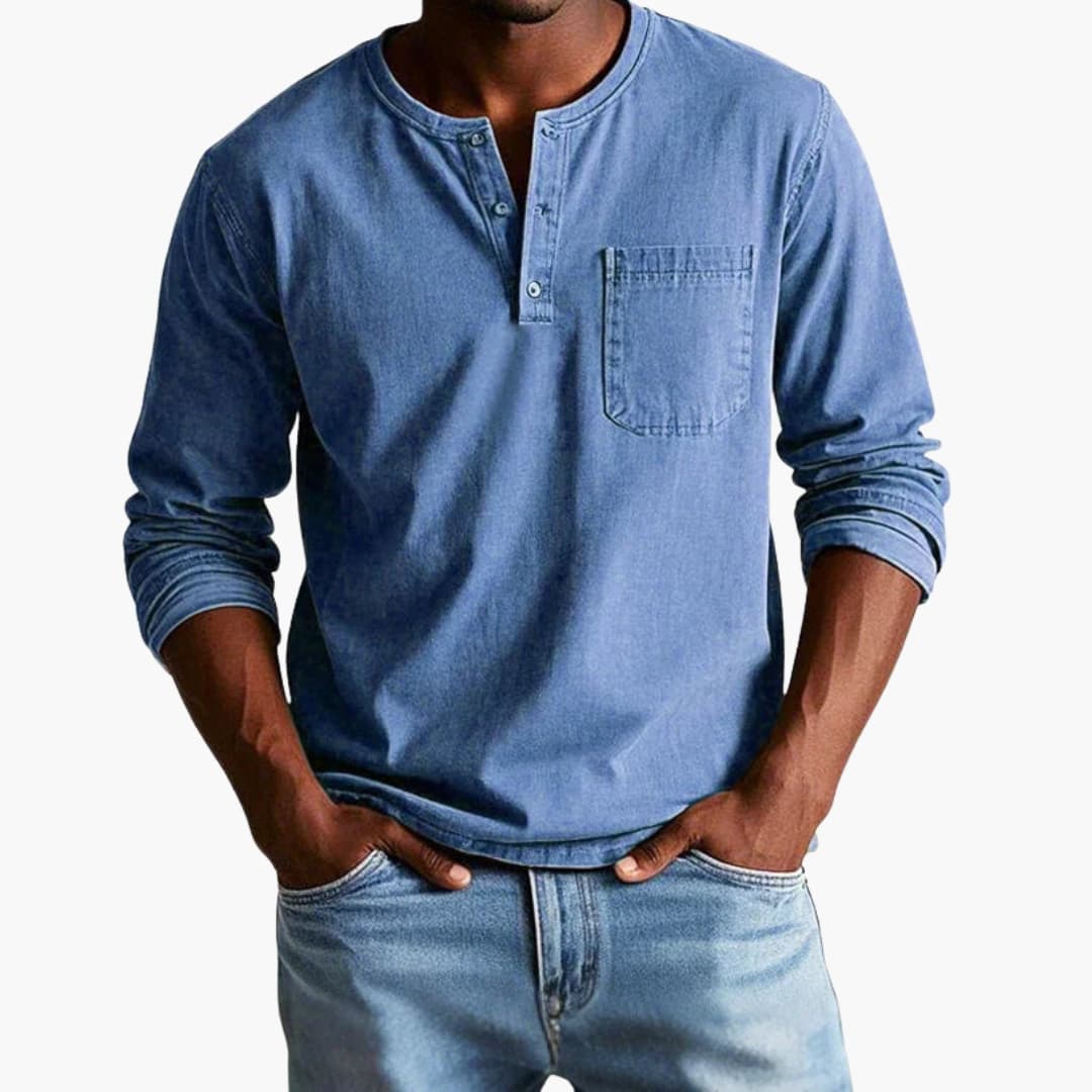 Henley Shirt Men Long Sleeve Button Closure Chest Pocket Casual Relaxed Fit Cotton Comfortable Everyday | Sansoti