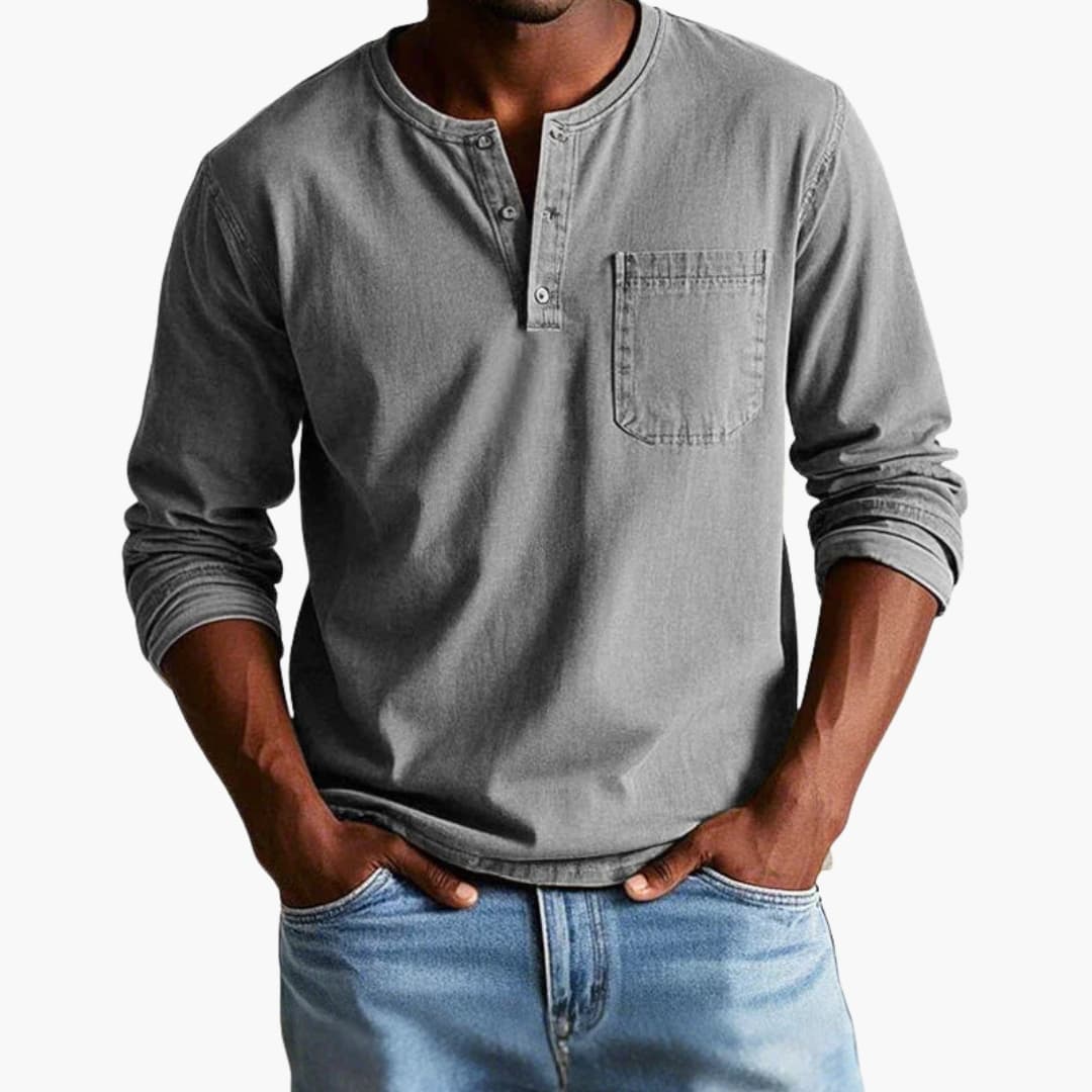 Henley Shirt Men Long Sleeve Button Closure Chest Pocket Casual Relaxed Fit Cotton Comfortable Everyday | Sansoti