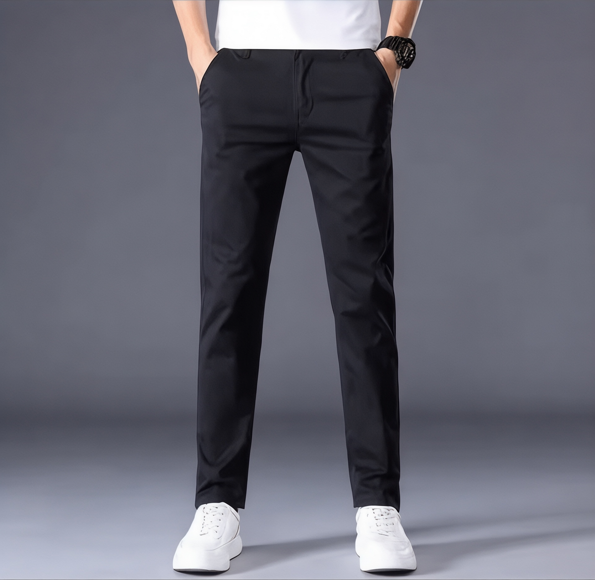 Pantalon Heren Slanke Pasvorm Platte Voorkant Lussen Elastische Band Zakelijk Casual Wear Stijlvol Comfortabel | Sansoti