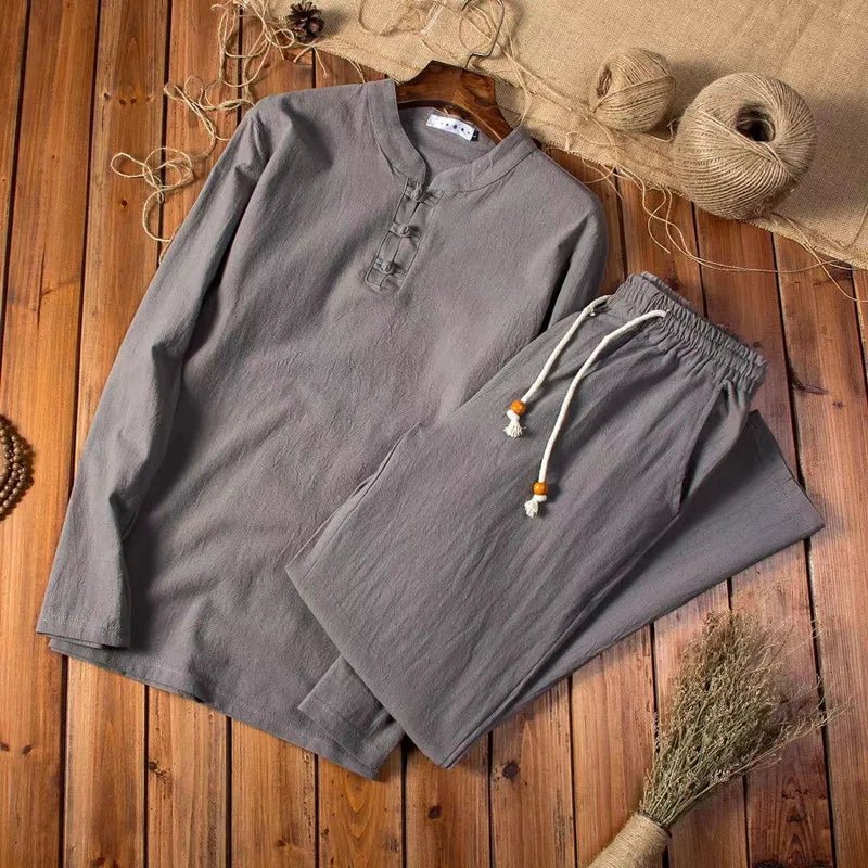 Men's Two-Piece Suit with Stand Collar and Elastic-Waist Trousers, Casual and Elegant Menswear, Comfortable Stretch | Sansoti