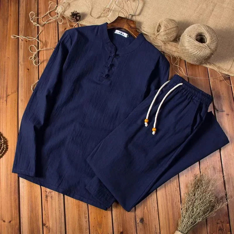 Men's Two-Piece Suit with Stand Collar and Elastic-Waist Trousers, Casual and Elegant Menswear, Comfortable Stretch | Sansoti