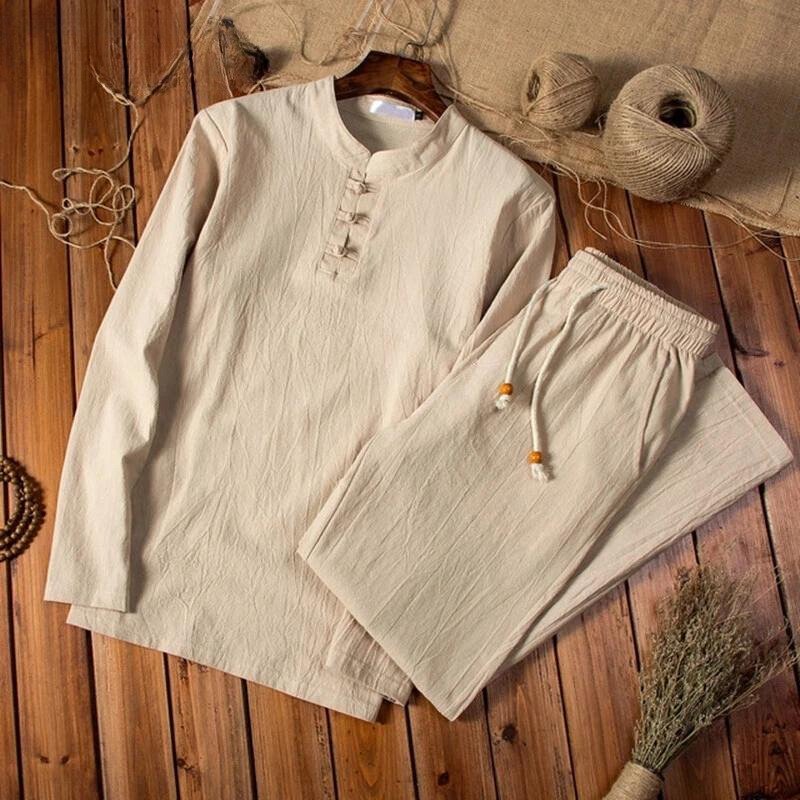 Men's Two-Piece Suit with Stand Collar and Elastic-Waist Trousers, Casual and Elegant Menswear, Comfortable Stretch | Sansoti