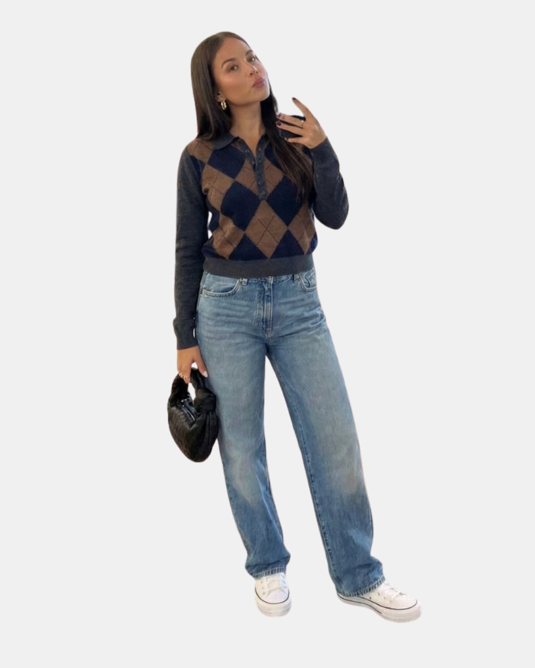 Damski sweter polo z dzianiny w kratę, długi rękaw, guziki, odcienie szarości, zimowy, casualowy, stylowa moda damska | Sansoti