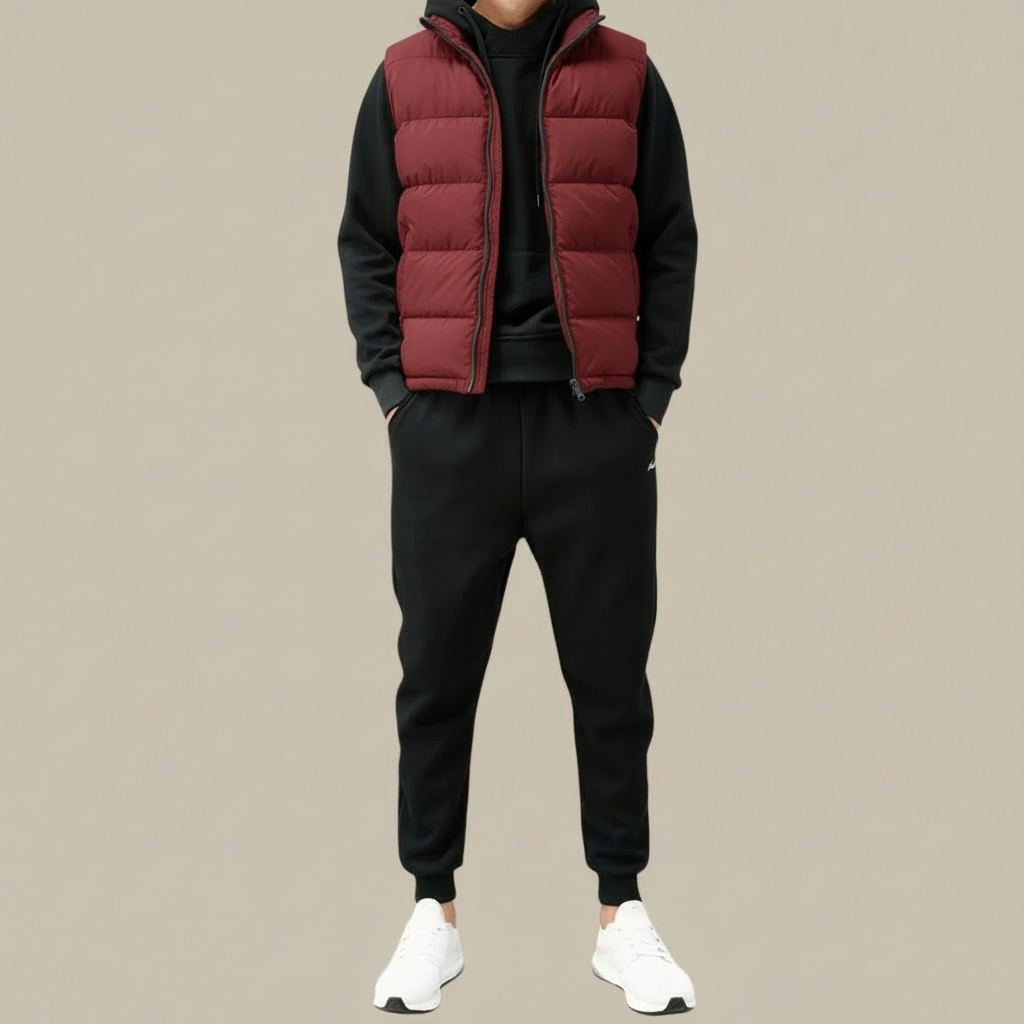 Sleeveless Padded Men's Vest with Stand-Up Collar and Zipper, Winter Jacket Outerwear | Sansoti