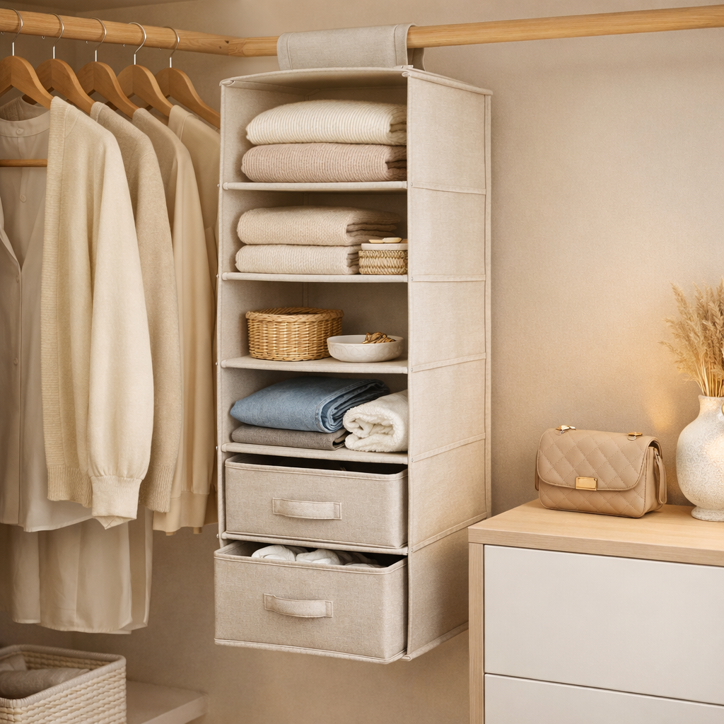 Hangend Kast Organizer Systeem – Opvouwbare Stof Opberg Vakken voor Kledingkast – 3, 4 of 5 Niveau Opberg Plank voor Kleding Schoenen Accessoires | Sansoti