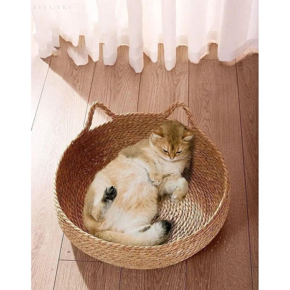 Kattenmand Riet Afneembaar Kussen S/M/L Kattenbed Gevlochten Naturel Huisdier Slaapplek Kat Hond | Sansoti