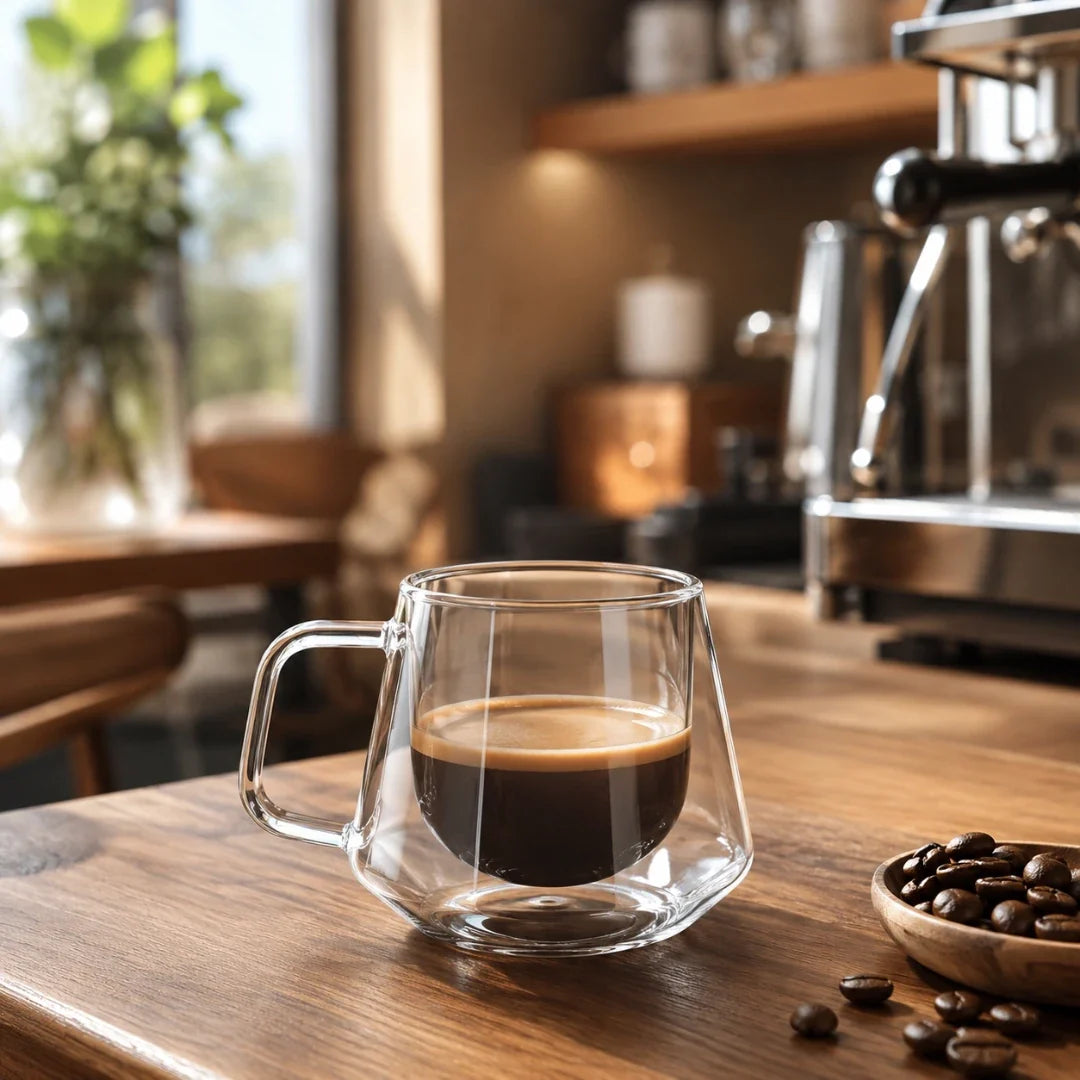 Double-Walled Glass Coffee Mug 200ml, Diamond Cut, Thermally Insulated, Modern Barista Espresso Cappuccino | Sansoti