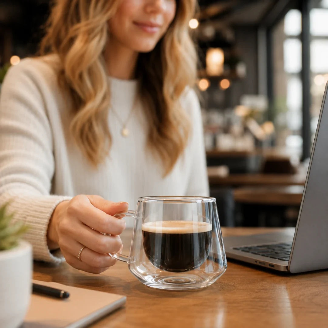 Double-Walled Glass Coffee Mug 200ml, Diamond Cut, Thermally Insulated, Modern Barista Espresso Cappuccino | Sansoti