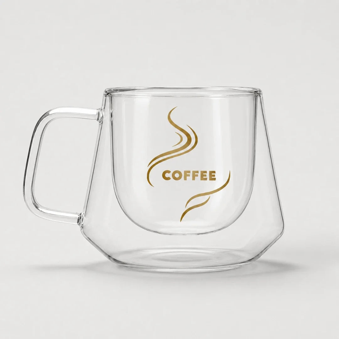 Double-Walled Glass Coffee Mug 200ml, Diamond Cut, Thermally Insulated, Modern Barista Espresso Cappuccino | Sansoti