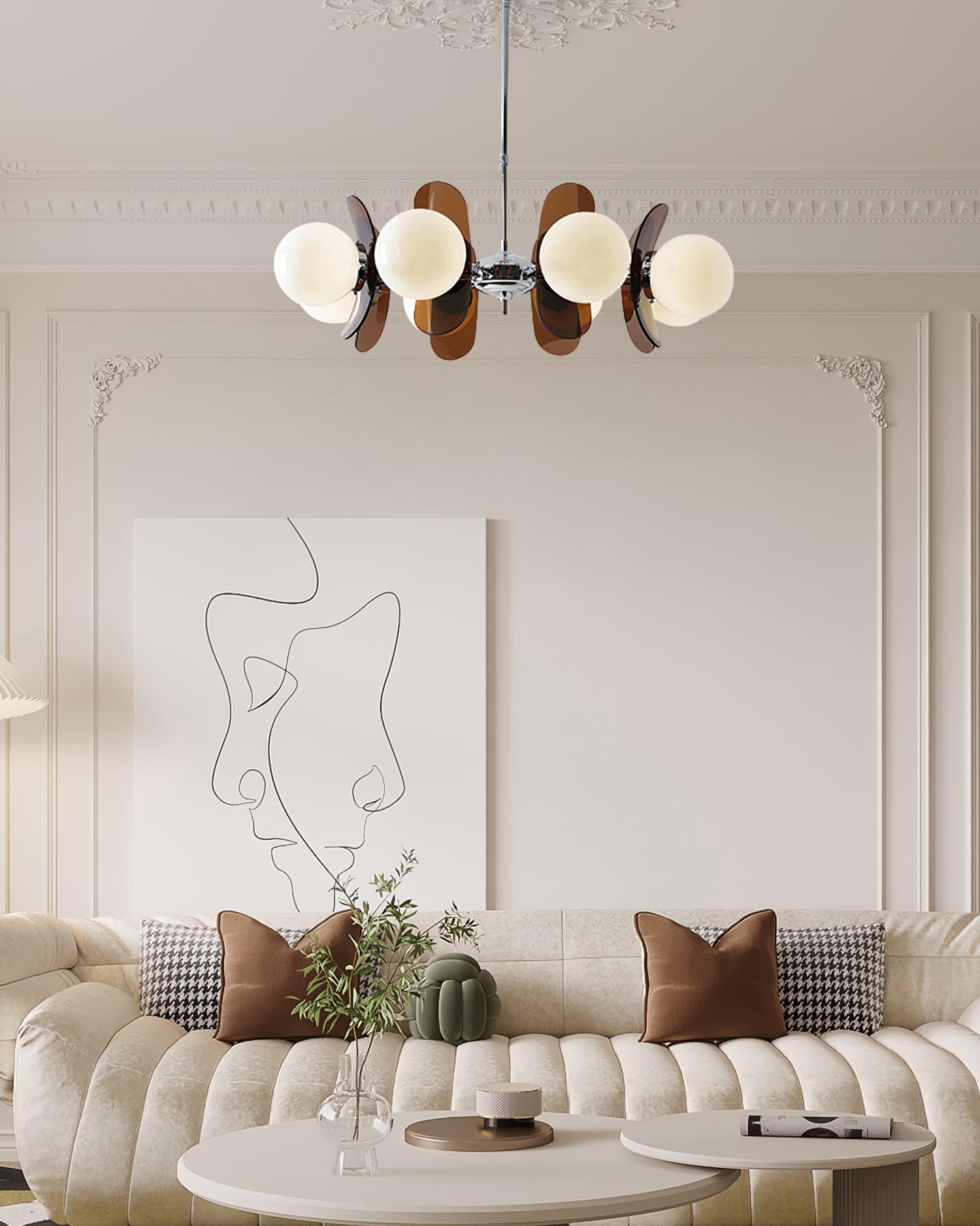 Moderne Sputnik Kroonluchter met Gekleurde Acryl Elementen en Witte Glazen Bollen – Design Hanglamp Meerdere Lichtpunten | Sansoti