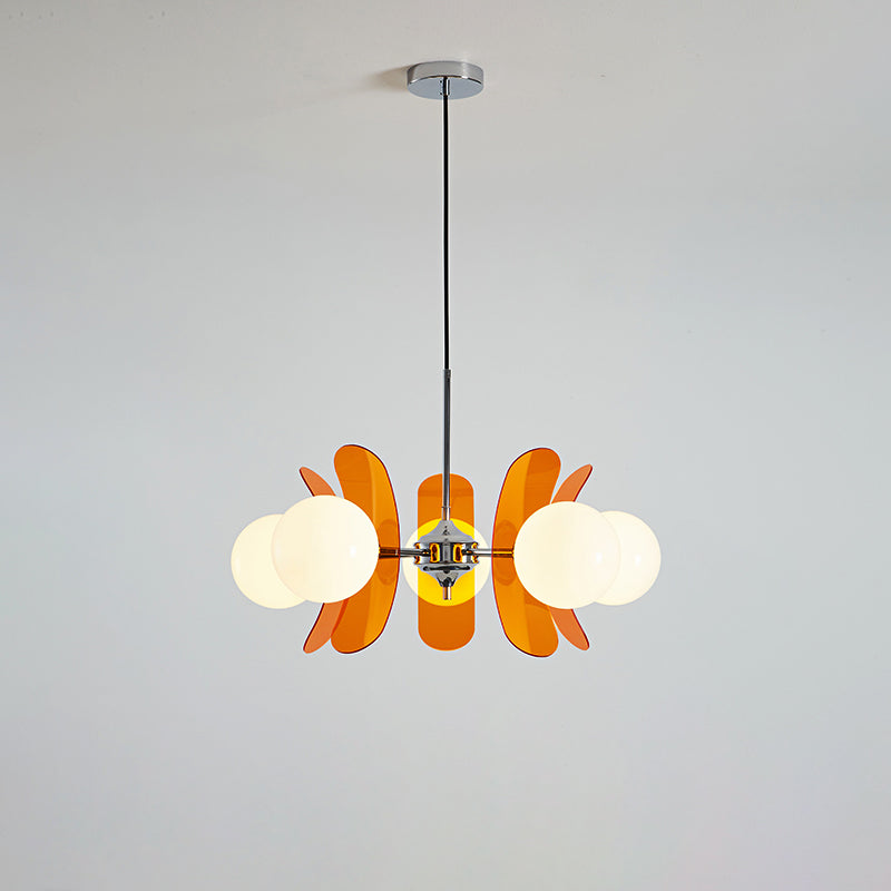 Moderne Sputnik Kroonluchter met Gekleurde Acryl Elementen en Witte Glazen Bollen – Design Hanglamp Meerdere Lichtpunten | Sansoti