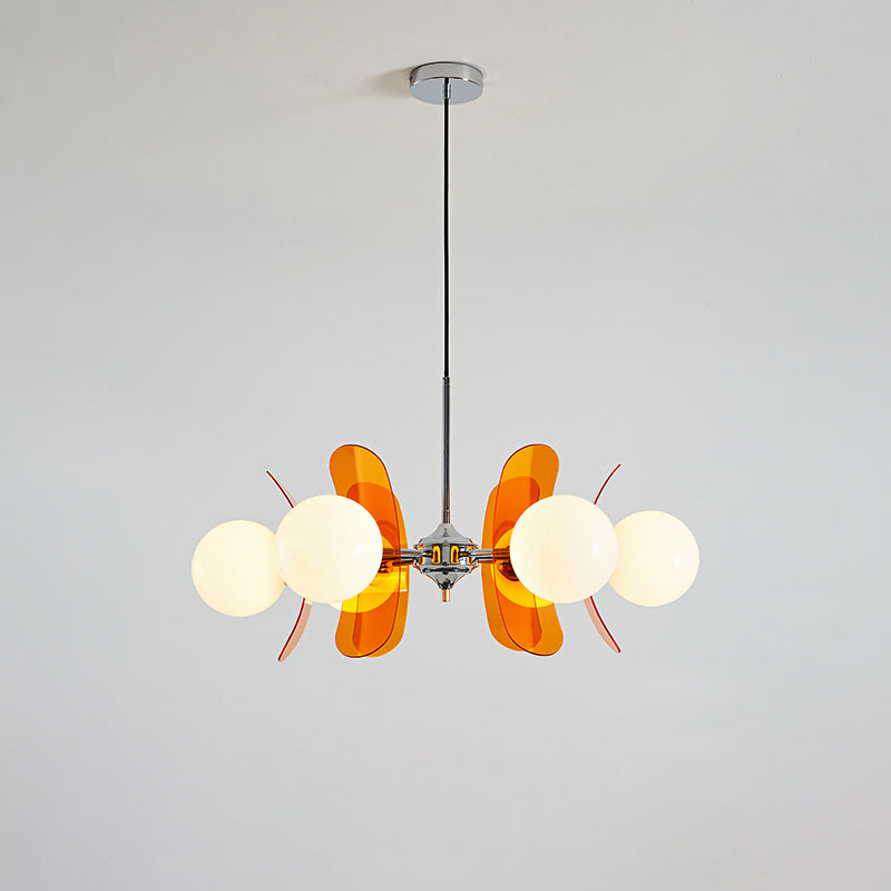 Moderne Sputnik Kroonluchter met Gekleurde Acryl Elementen en Witte Glazen Bollen – Design Hanglamp Meerdere Lichtpunten | Sansoti