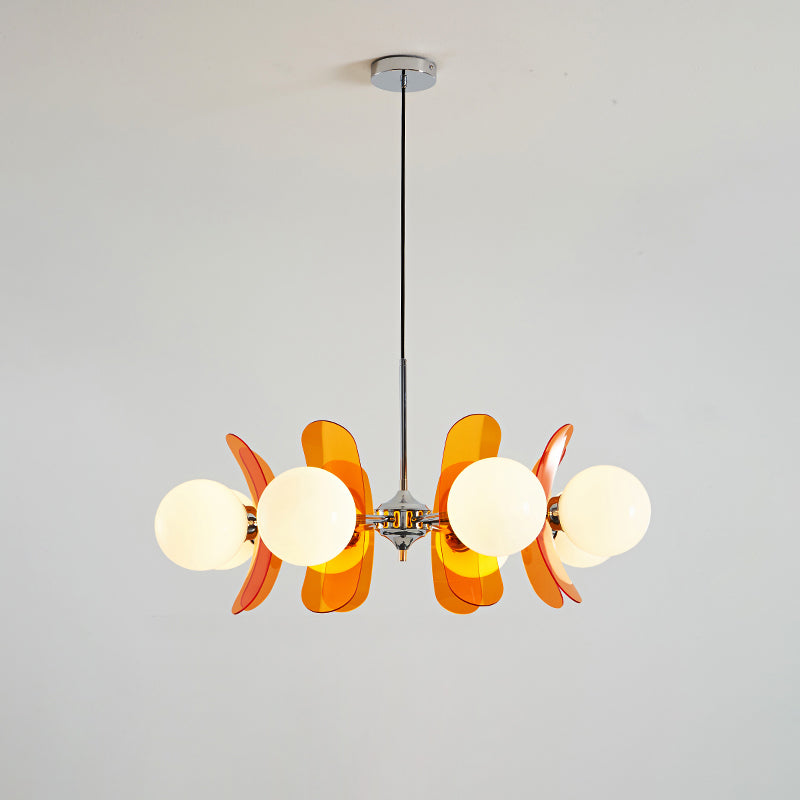 Moderne Sputnik Kroonluchter met Gekleurde Acryl Elementen en Witte Glazen Bollen – Design Hanglamp Meerdere Lichtpunten | Sansoti