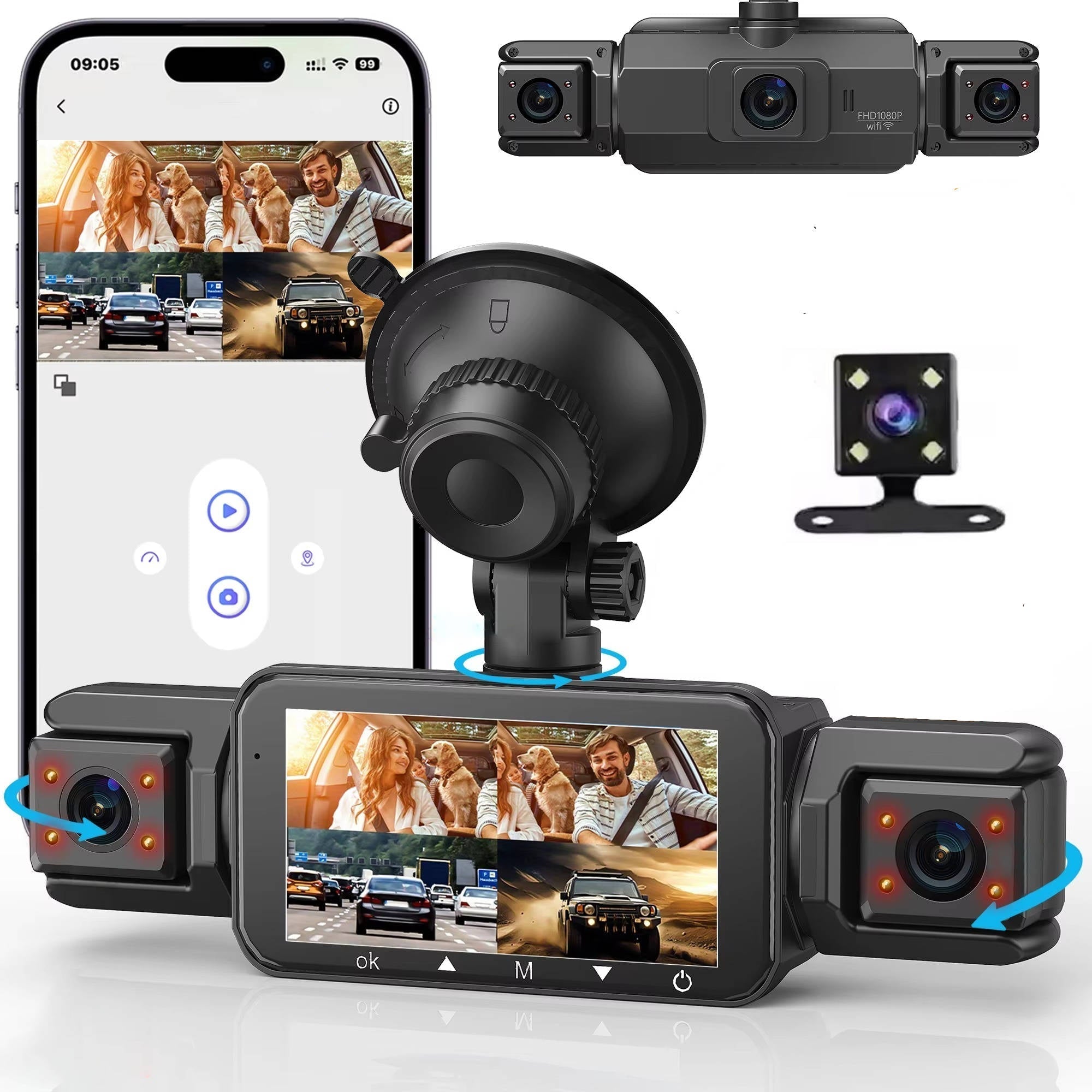 Draadloos Dashcam Systeem 4 Camera's Nachtzicht 1920P HD Parkeerbewaking Auto Beveiliging WiFi Opname | Sansoti