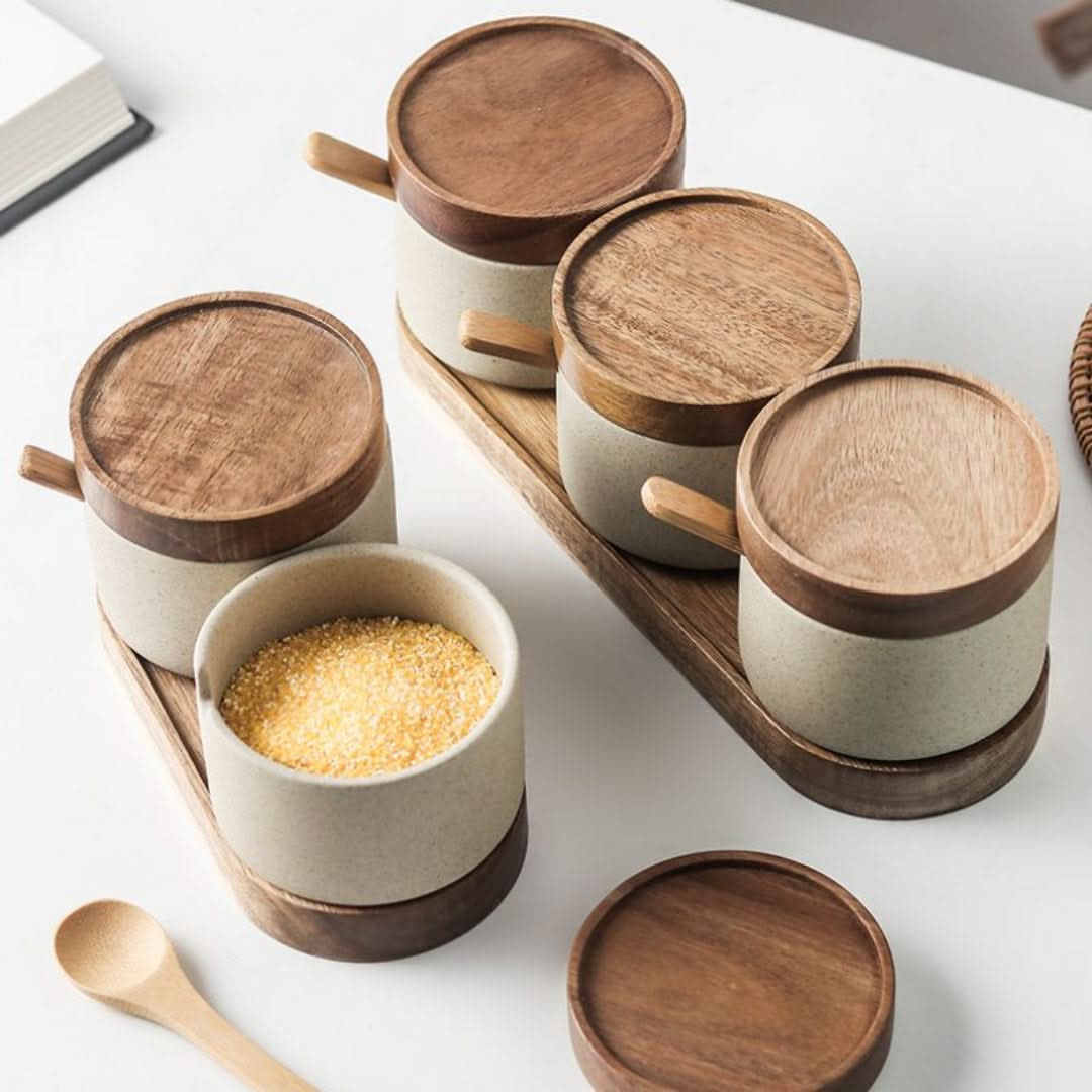 Keramische Voorraadpotten met Bamboe Deksel – Set van 3 voor Kruiden Specerijen Thee – Stijlvolle Keukenaccessoires | Sansoti
