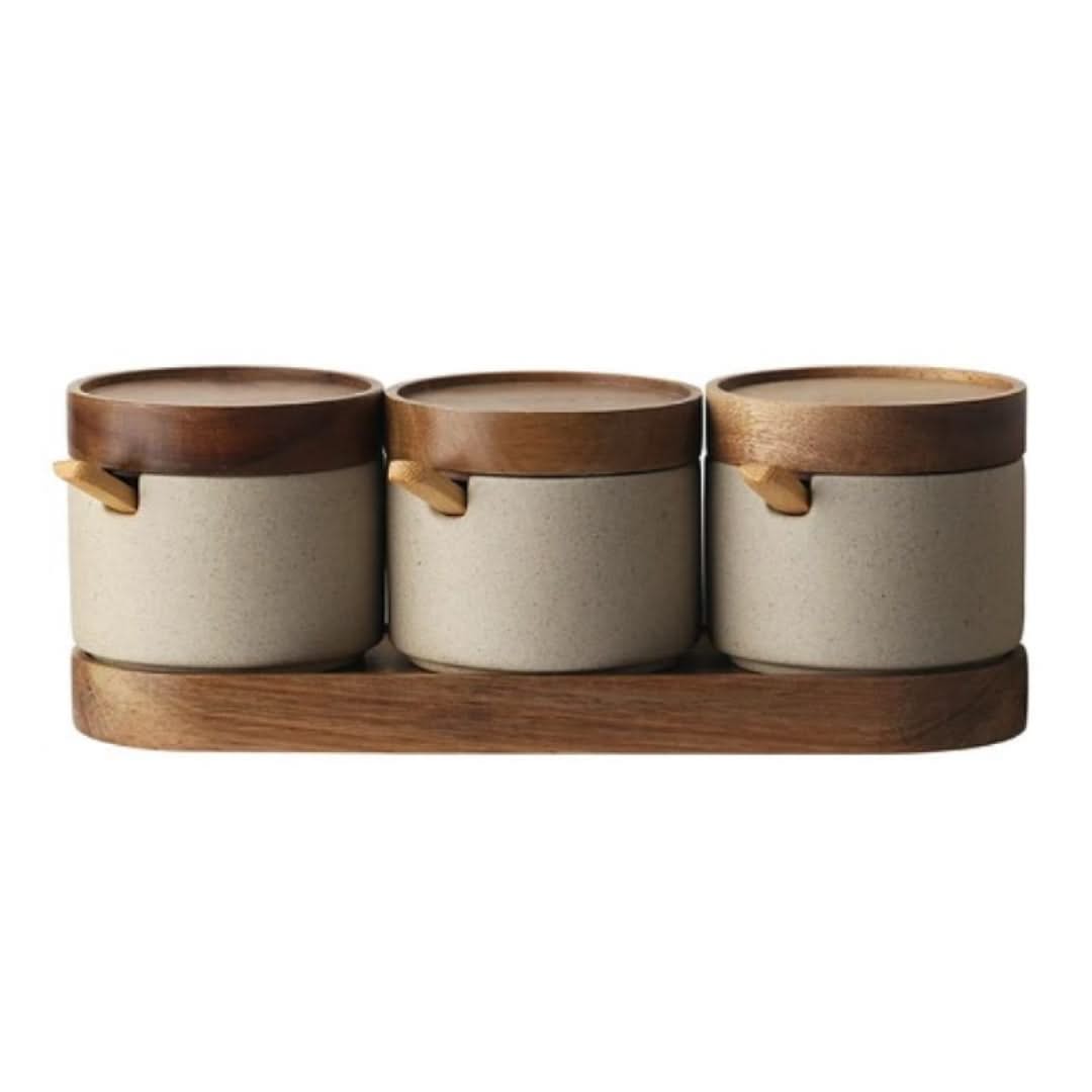 Keramische Voorraadpotten met Bamboe Deksel – Set van 3 voor Kruiden Specerijen Thee – Stijlvolle Keukenaccessoires | Sansoti