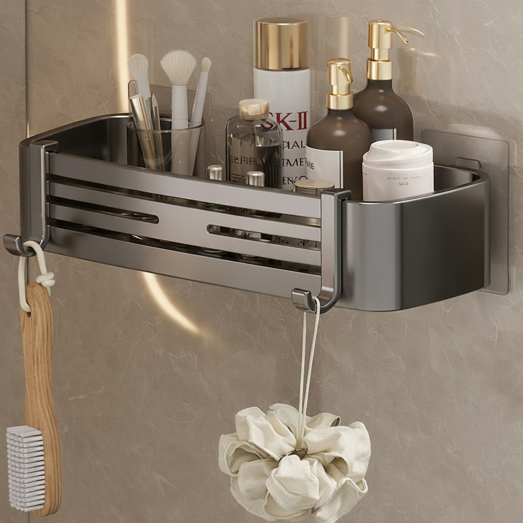 Zelfklevend Aluminium Wandrek Badkamer Organizer Zonder Boren Roestvrij Opbergplank Douche Handdoekhouder | Sansoti