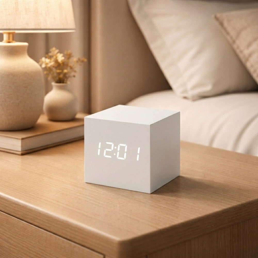 Digitaler Wecker in Würfelform in Holzoptik mit LED-Display, Geräuschaktivierung, Alarm, Temperaturanzeige und Timer für Schlafzimmer und Büro | Sansoti