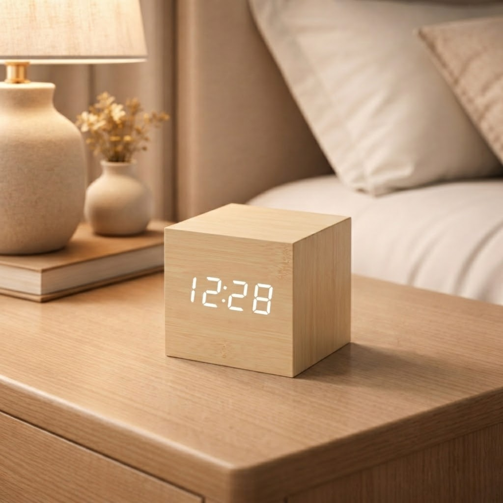 Digitaler Wecker in Würfelform in Holzoptik mit LED-Display, Geräuschaktivierung, Alarm, Temperaturanzeige und Timer für Schlafzimmer und Büro | Sansoti