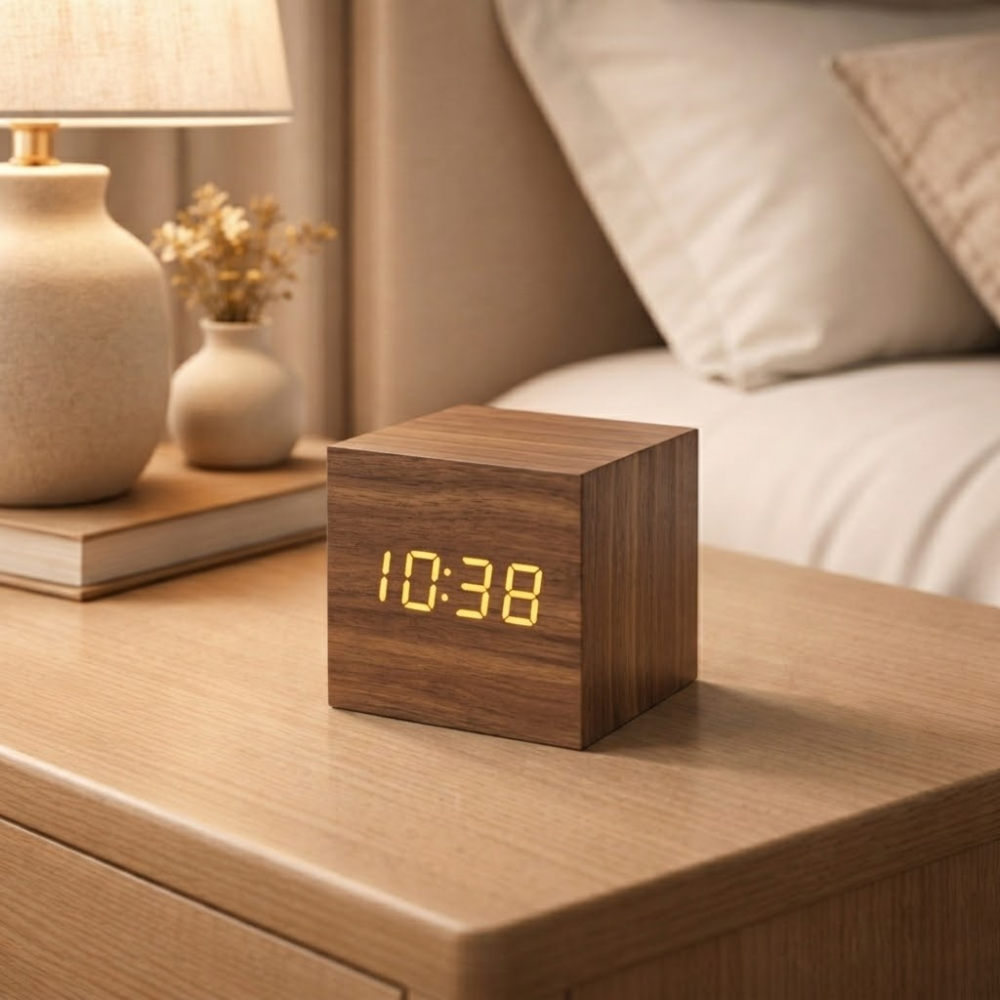 Digitaler Wecker in Würfelform in Holzoptik mit LED-Display, Geräuschaktivierung, Alarm, Temperaturanzeige und Timer für Schlafzimmer und Büro | Sansoti
