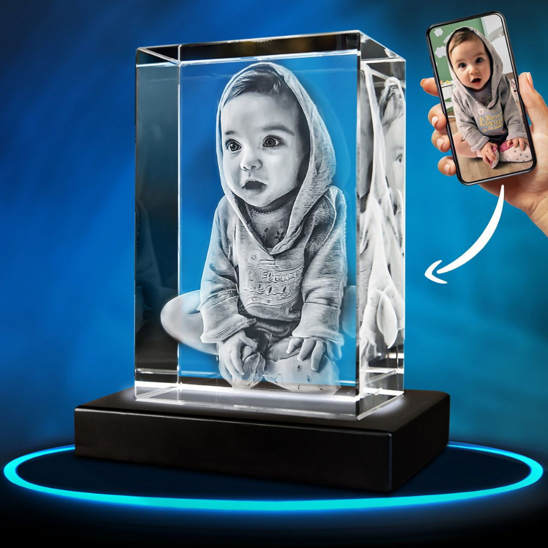 Gepersonaliseerd 2D/3D Kristal Gedenkkristal met Eigen Foto – Verlicht Herinneringsblok met Houten Voet | Sansoti