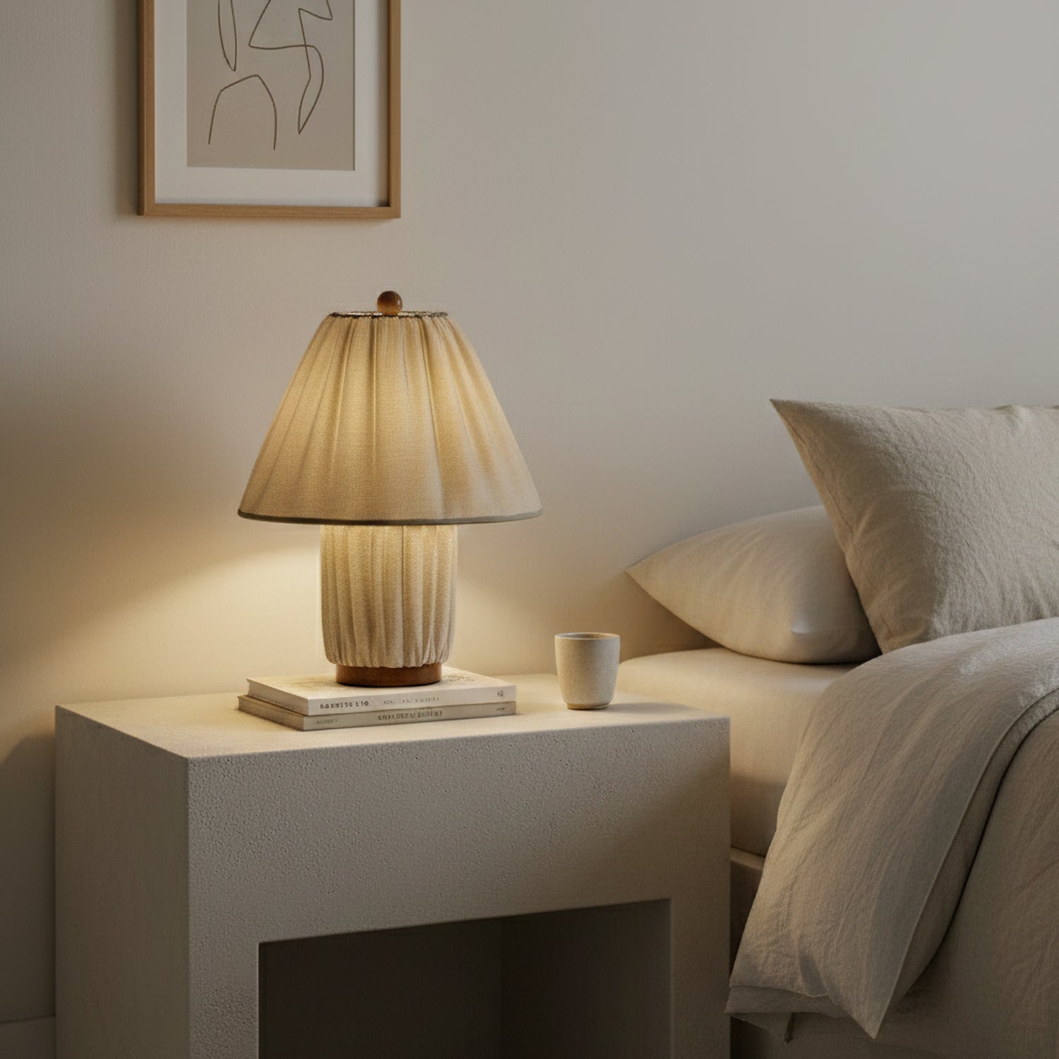 Retro Tafellamp met Geplooide Stoffen Kap – Warm Zacht Licht – Scandinavisch Minimalistisch Design voor Slaapkamer Woonkamer | Sansoti