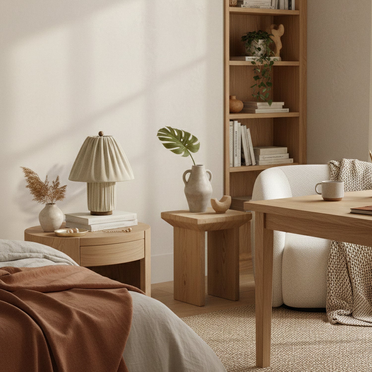 Retro Tafellamp met Geplooide Stoffen Kap – Warm Zacht Licht – Scandinavisch Minimalistisch Design voor Slaapkamer Woonkamer | Sansoti