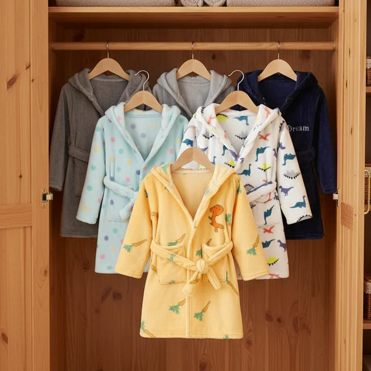 Zachte Kinderbadjas met Capuchon en Vrolijke Prints Warme Flanel Ochtendjas voor Jongens Meisjes Badkamer | Sansoti