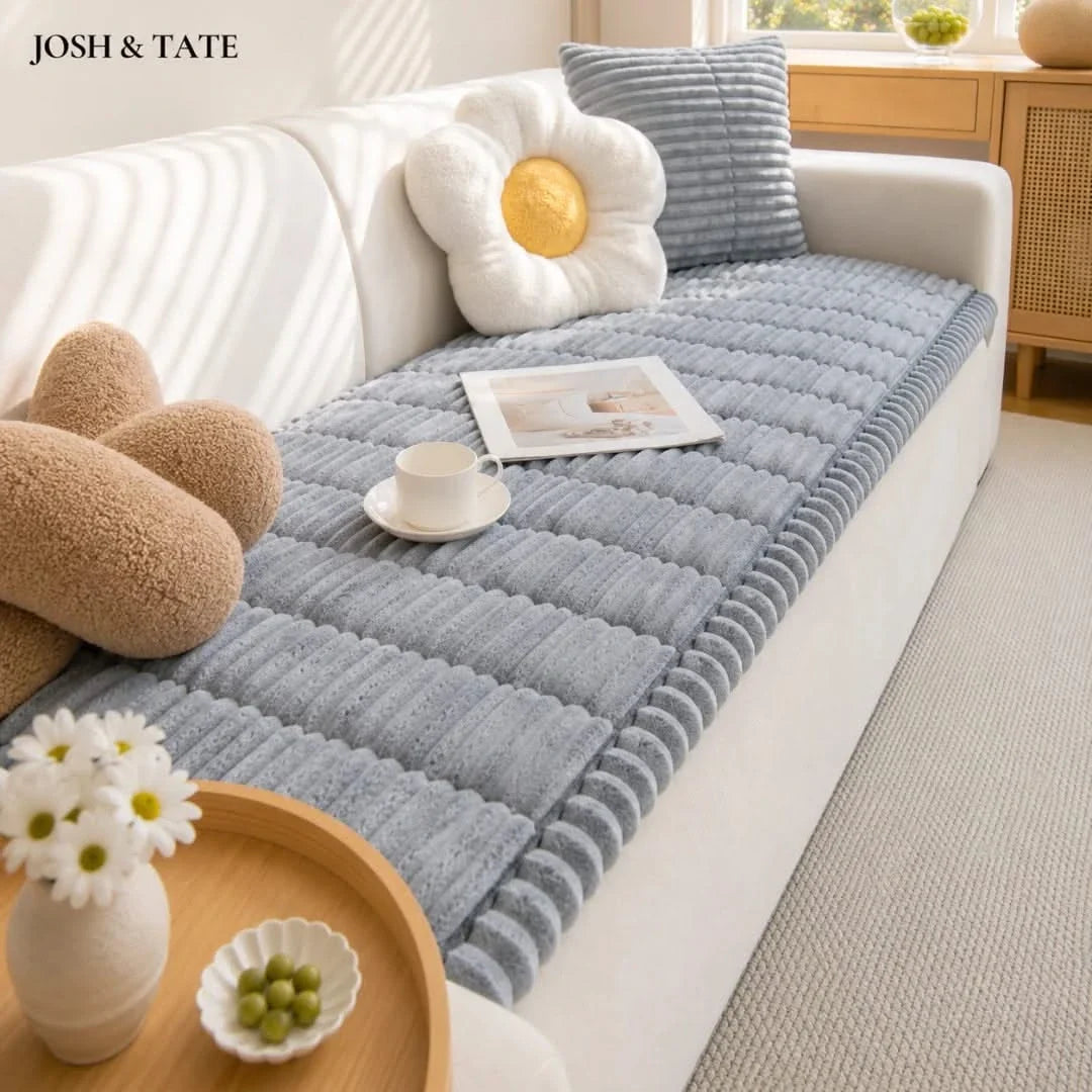 Ribbed Plush Sofa Cover Anti-Slip Polyester Protector for Living Room Sofa Furniture Protection Couch | Sansoti