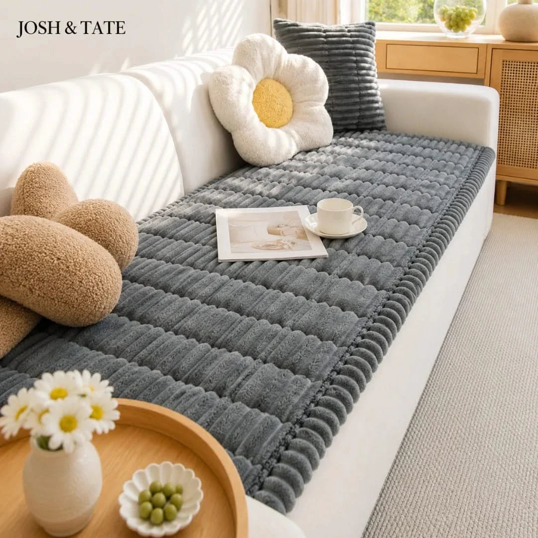 Ribbed Plush Sofa Cover Anti-Slip Polyester Protector for Living Room Sofa Furniture Protection Couch | Sansoti