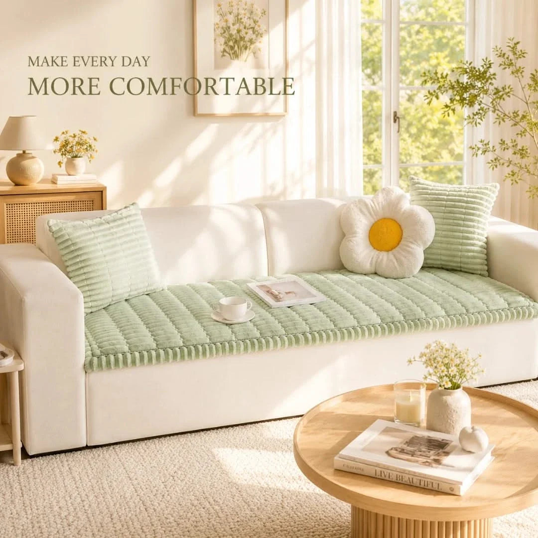 Ribbed Plush Sofa Cover Anti-Slip Polyester Protector for Living Room Sofa Furniture Protection Couch | Sansoti