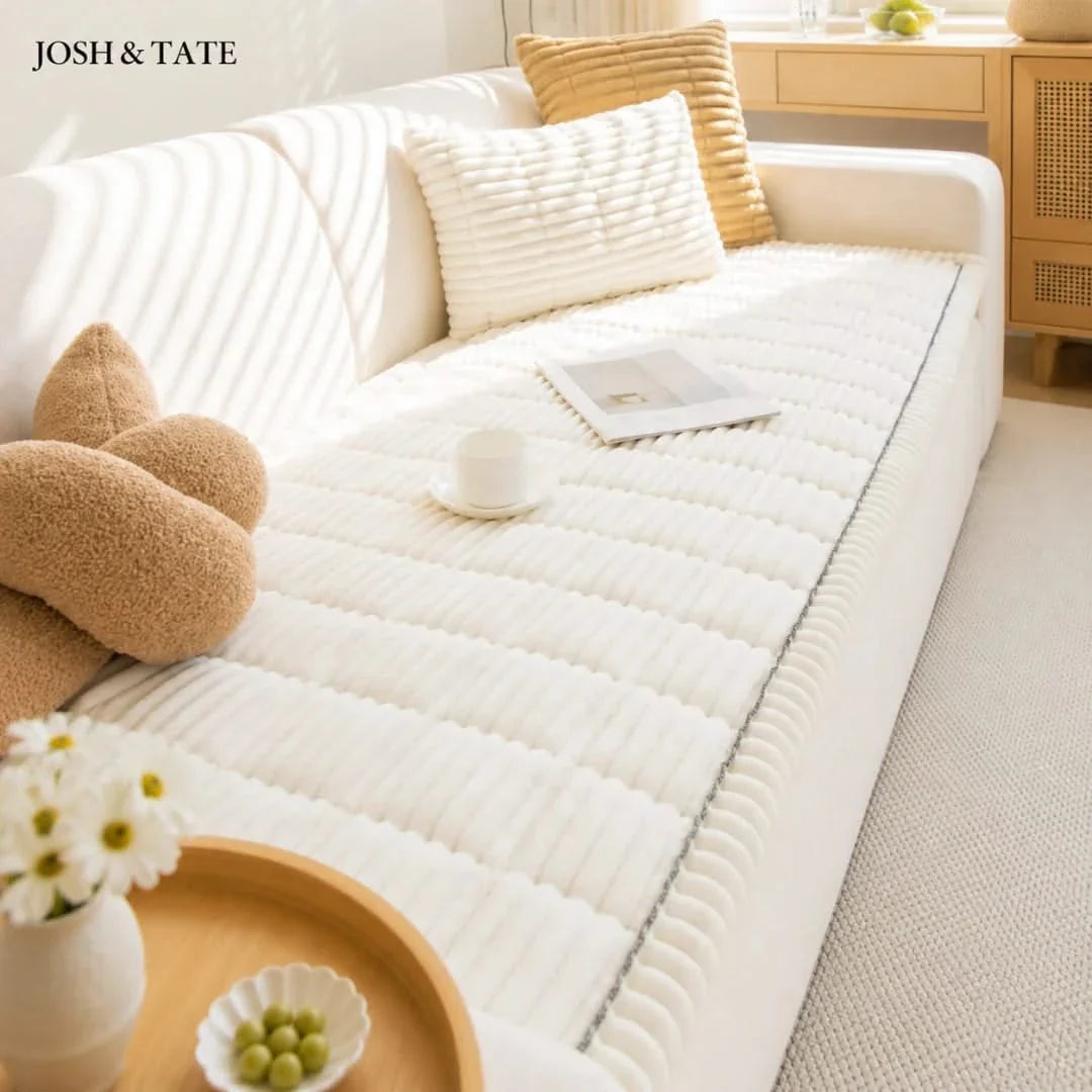 Ribbed Plush Sofa Cover Anti-Slip Polyester Protector for Living Room Sofa Furniture Protection Couch | Sansoti