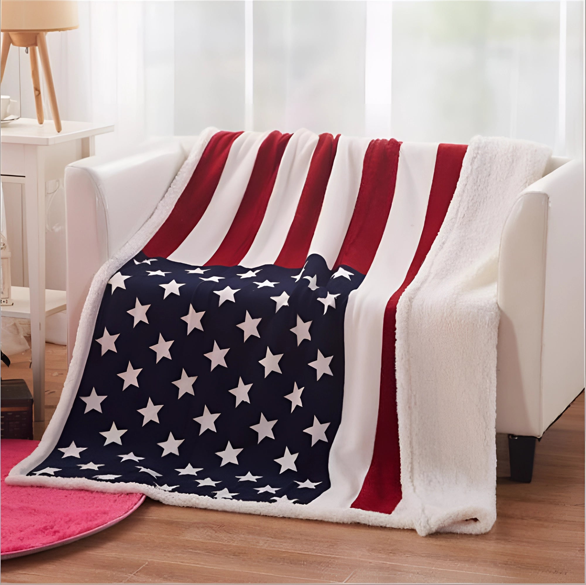 Fleece Plaid met Kunstschapenvacht Achterzijde 127x178cm Donkerblauw Rood Wit Gestreept Bankdeken Woonkamer | Sansoti