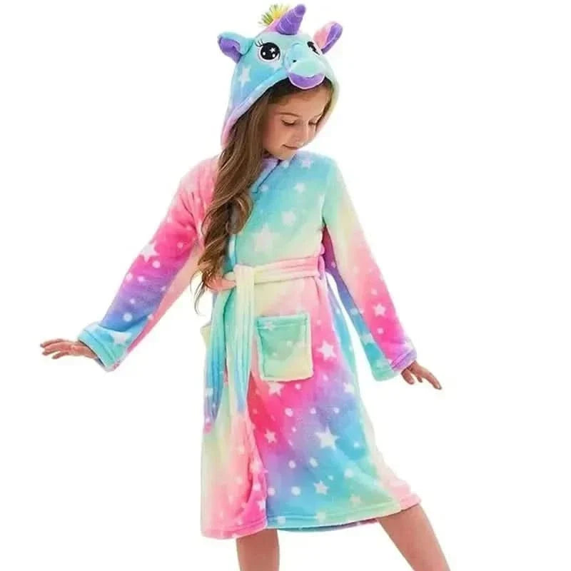 Zachte Flanellen Kinderbadjas met Capuchon Eenhoornmotief Comfortabele Loungewear Ochtendjas Jongens Meisjes | Sansoti