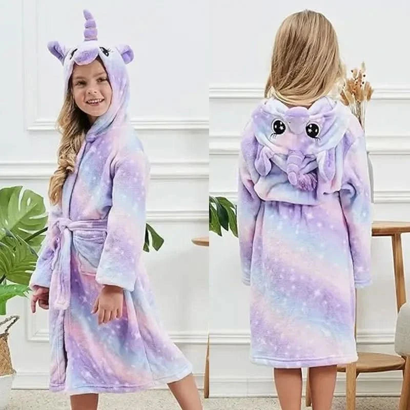 Zachte Flanellen Kinderbadjas met Capuchon Eenhoornmotief Comfortabele Loungewear Ochtendjas Jongens Meisjes | Sansoti