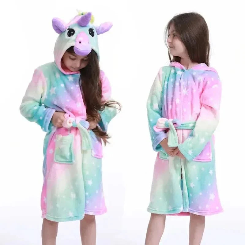 Zachte Flanellen Kinderbadjas met Capuchon Eenhoornmotief Comfortabele Loungewear Ochtendjas Jongens Meisjes | Sansoti