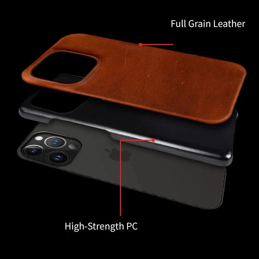 Leather iPhone Case, MagSafe Compatible, Vintage Crazy Horse Leather, Wireless Charging, Protection for 13 14 15 16 17 Series | Sansoti