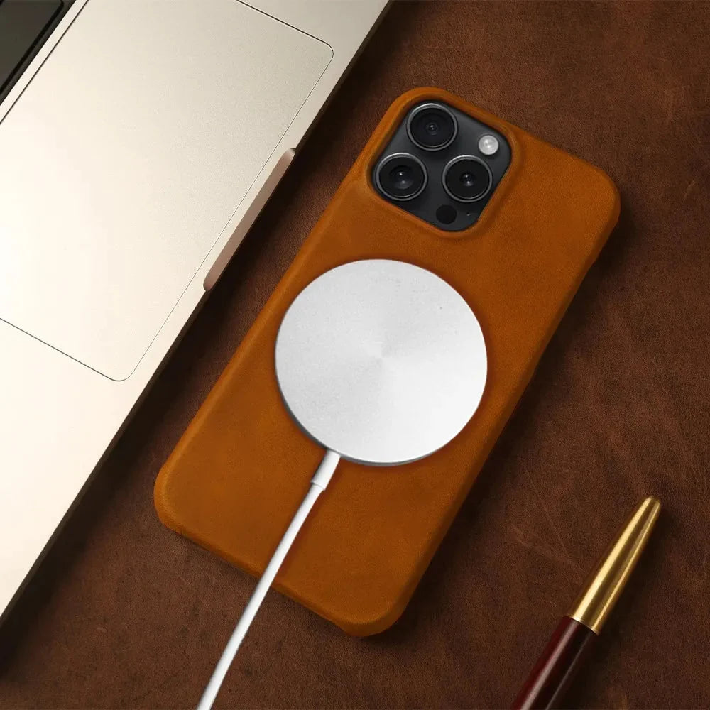 Leather iPhone Case, MagSafe Compatible, Vintage Crazy Horse Leather, Wireless Charging, Protection for 13 14 15 16 17 Series | Sansoti