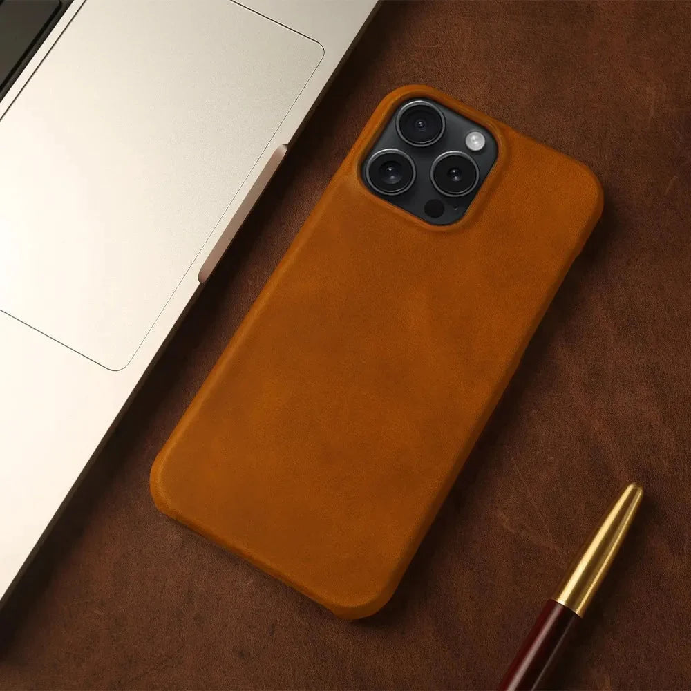Leather iPhone Case, MagSafe Compatible, Vintage Crazy Horse Leather, Wireless Charging, Protection for 13 14 15 16 17 Series | Sansoti