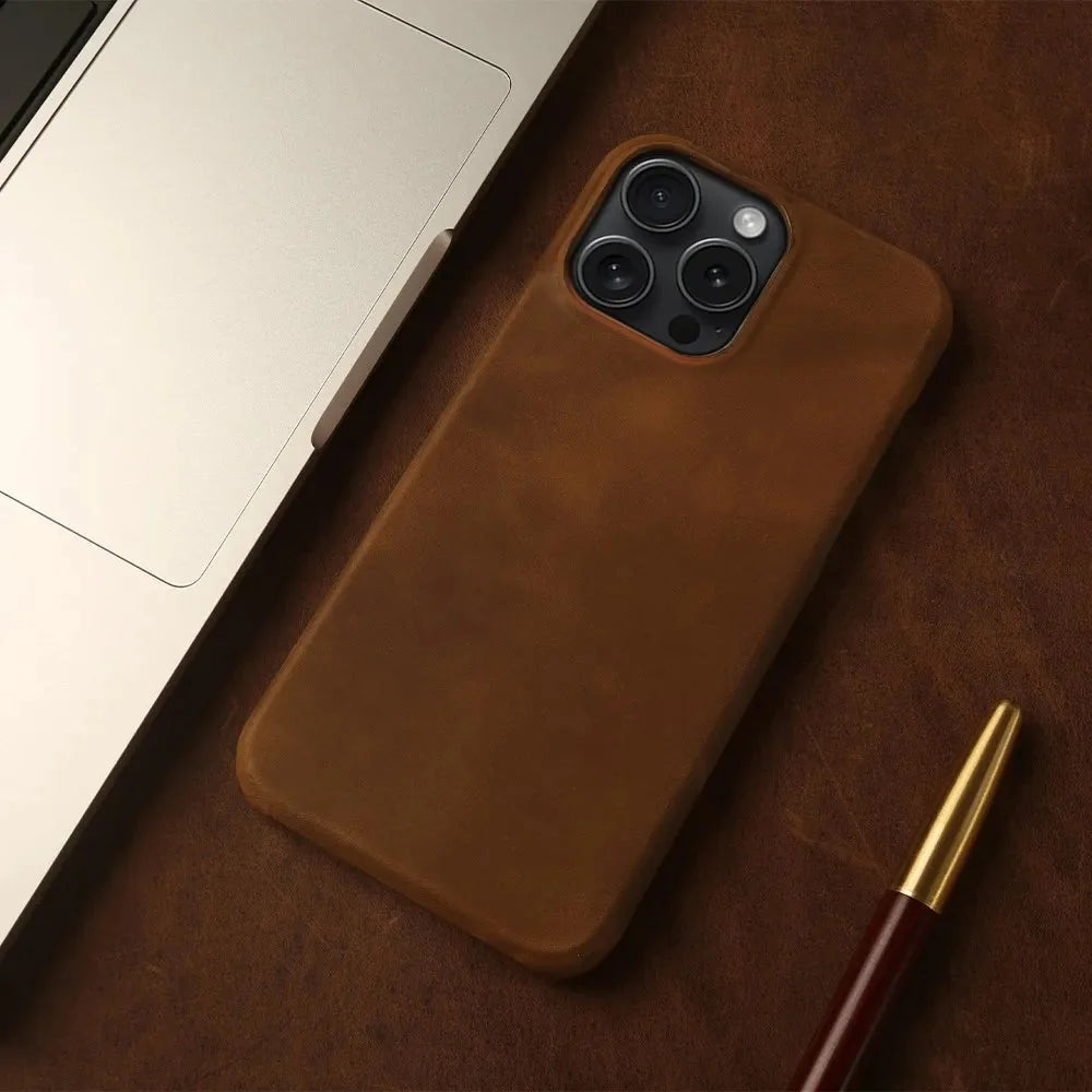 Leather iPhone Case, MagSafe Compatible, Vintage Crazy Horse Leather, Wireless Charging, Protection for 13 14 15 16 17 Series | Sansoti